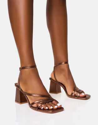 Public Desire Robin strappy mid block heel in bronze | ASOS (Global)