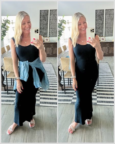 Love this black ribbed summer maxi dress from Amazon with clear rhinestone bow heels and a denim shirt. Size small in the dress and shirt and 8 sandals   


#LTKStyleTip #LTKFindsUnder50 #LTKSeasonal