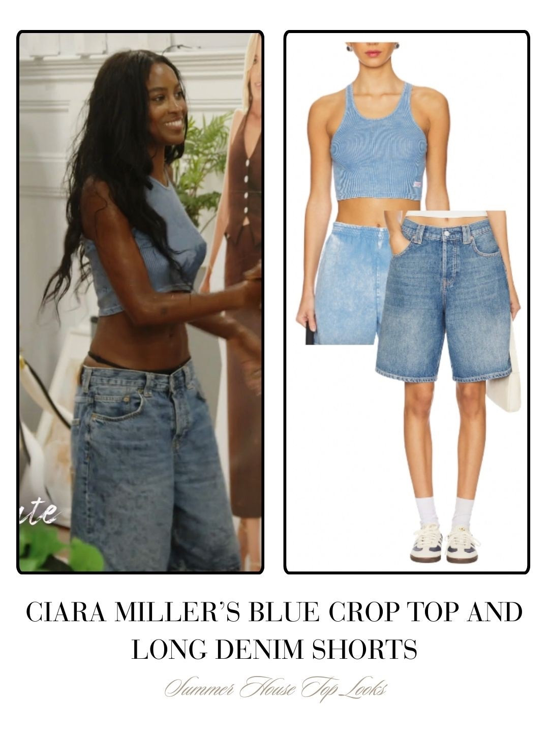 Ciara Miller’s Blue Crop Top and Long Denim Shorts 