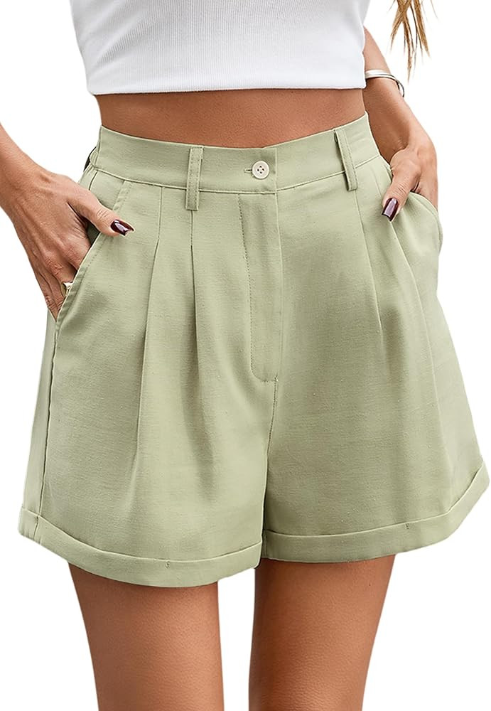 Allimy Womens Summer High Waisted Cuffed Shorts Back Elastic Waistband Pleated Linen Shorts with ... | Amazon (US)