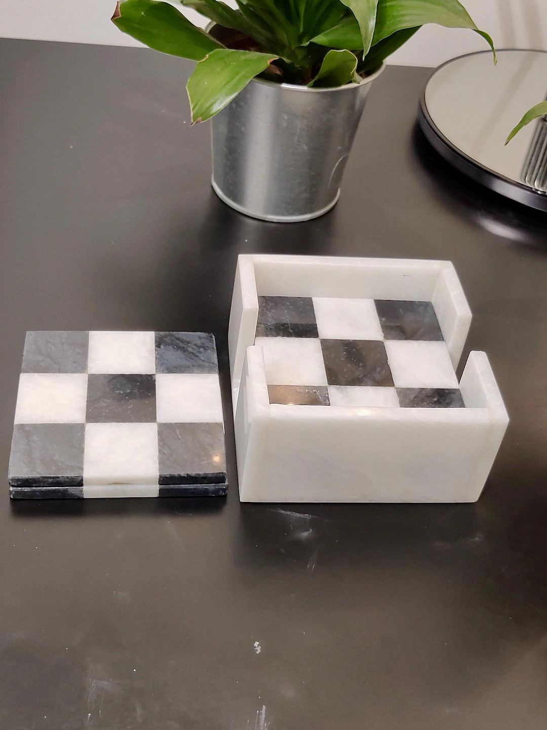 Marble Coasters Set of 6 Marble Coasters in 2 Colours Black & White Check Design Home Kitchen and... | Etsy (US)