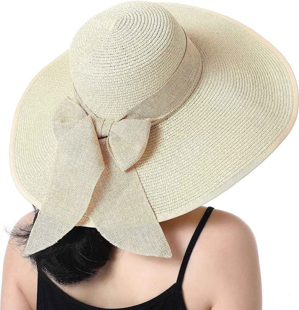 Roniky Beach Sun Hat for Women Bow-Knot UV UPF 50+Travel Foldable Wide Brim Straw Hat | Amazon (US)