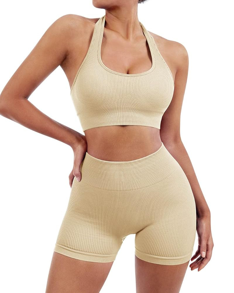 SUUKSESS Women Seamless Ribbed Workout Set Backless Sports Bra Booty Biker Short | Amazon (US)