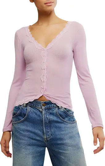 Big Love Lace Trim Knit Button-Up Top | Nordstrom