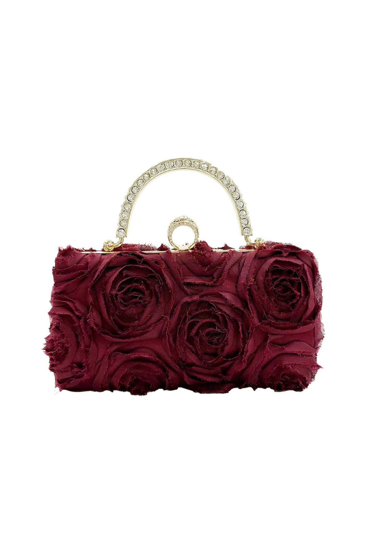 Opulent Rose Rhinestone Handle Clutch in Burgundy | Chicwish