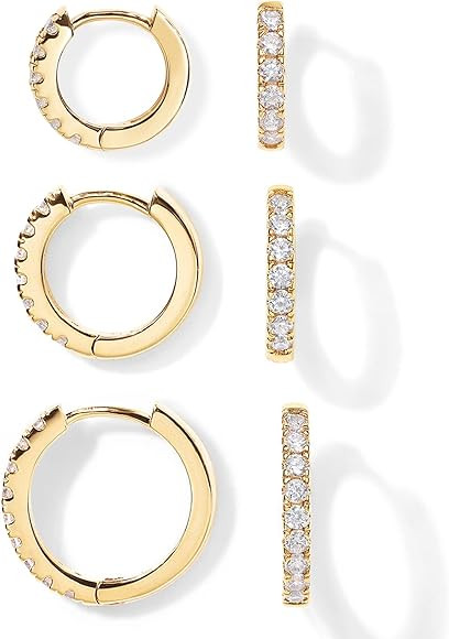 PAVOI 18K Gold Plated 925 Sterling Silver Posts 3 Pairs Hoop Earrings Set for Women | Huggie Earr... | Amazon (US)