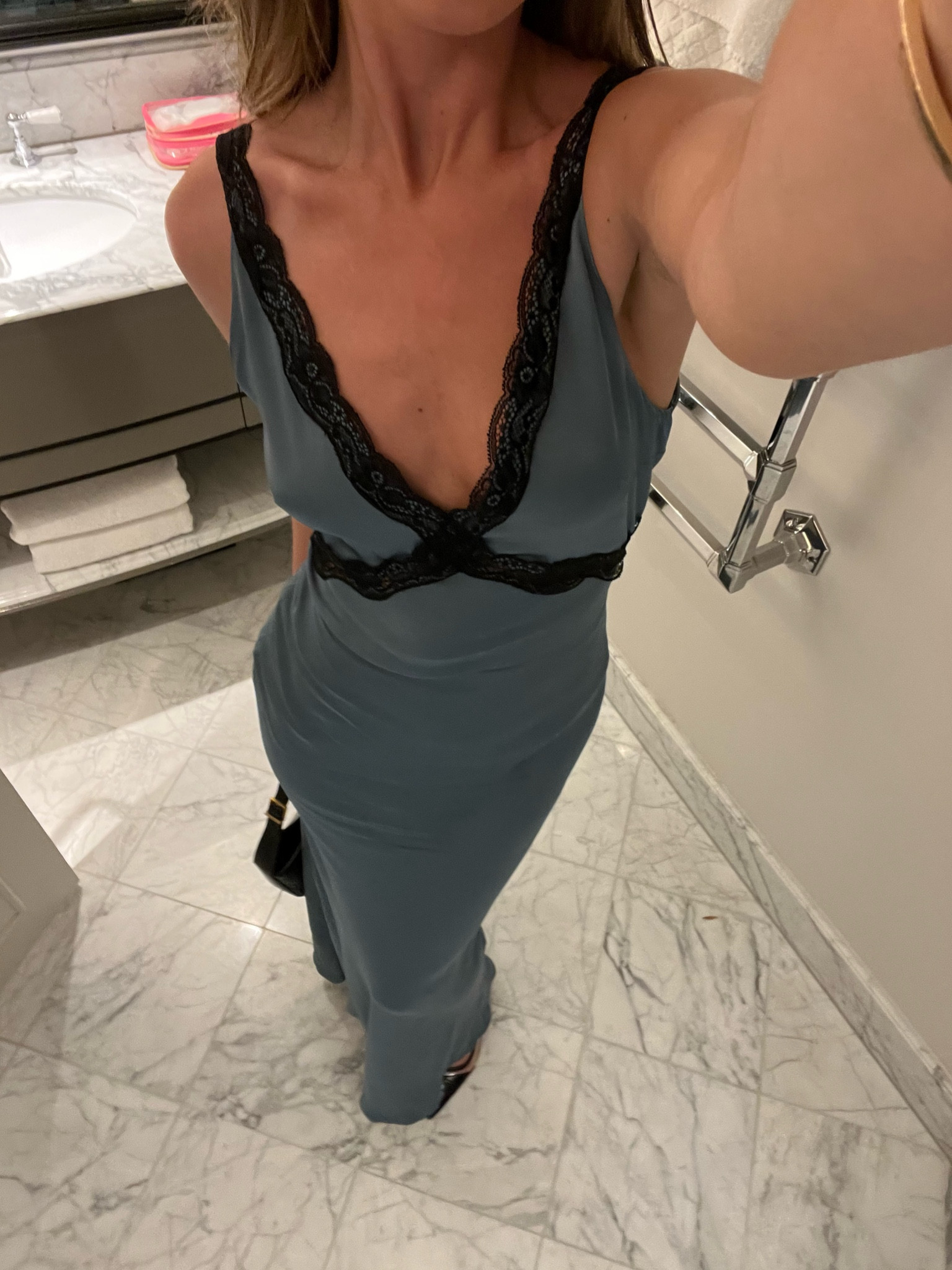 blue silk evening dress 

#LTKeurope #LTKstyletip #LTKunder100