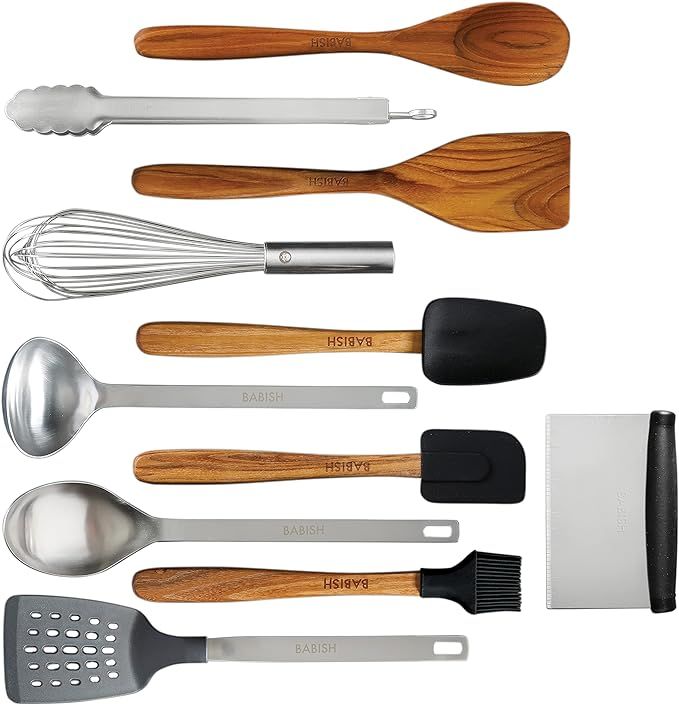 Babish 11 Piece Essential Teak Wood, Silicone, and Stainless Steel Tool Set | Amazon (US)