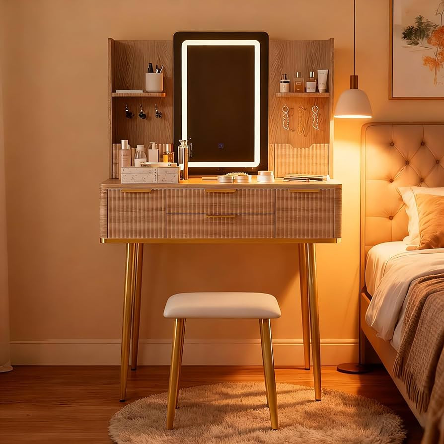 Casaphoria Vanity Desk with LED Mirror Lights, 4 Drawers & Jewelry Storage, Yellow Brown Makeup D... | Amazon (US)