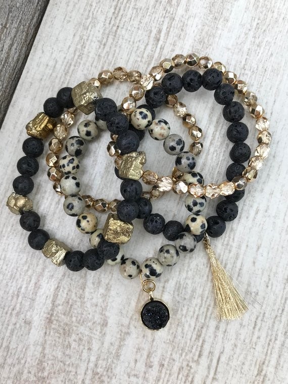 Dragonstone, bracelet stack, black, gold, bracelets, beaded bracelets, arm stack, womens bracelets | Etsy (US)