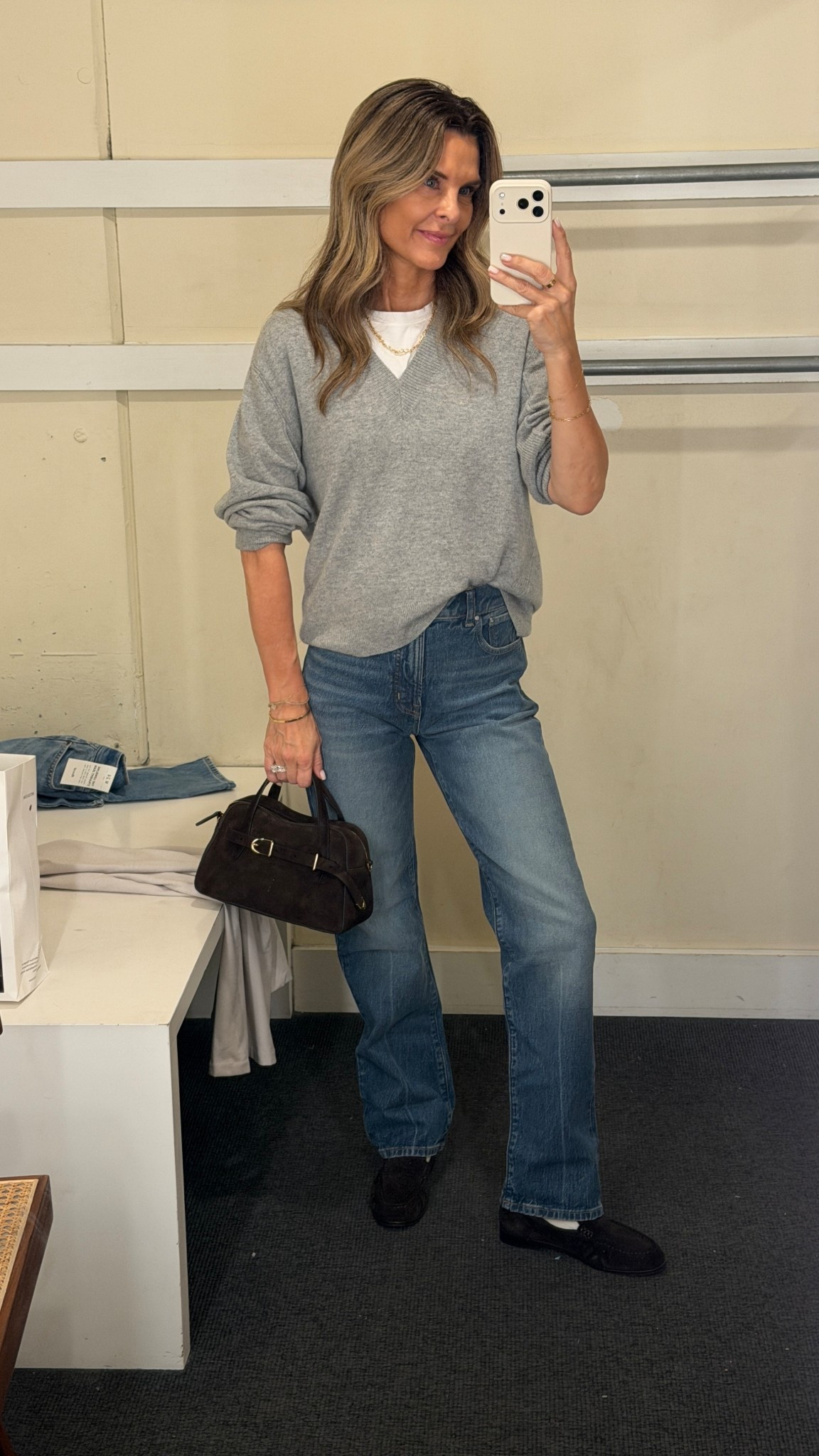 -Madewell cashmere sweater
-Madewell long line Jean TTS I’m 5’6” 