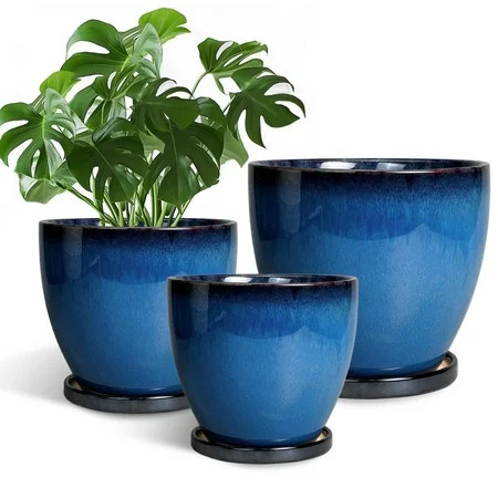 Ceramic Planter Pots -Set of 3 6/8/10 inch with Drainage ,Round Large Pots for Indoor Plants for Herbs & Snake Plants Modern Office Decor Reactive Glaze Blue | Walmart (US)