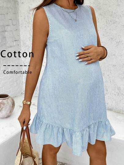 SHEIN Maternity Casual Striped Ruffle Hem Sleeveless Dress, Cotton Dress For Summer 100 Cotton Dr... | SHEIN