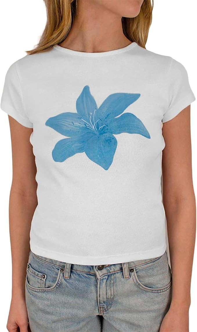 Alyweatry Women Y2k Graphic Baby Tee Short Sleeve Crewneck Cute Aesthetic Vintage Teen Girls Crop... | Amazon (US)