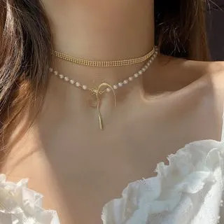 Faux Pearl & Bow Double Layer Choker Necklace Gold - One Size | YesStyle Global
