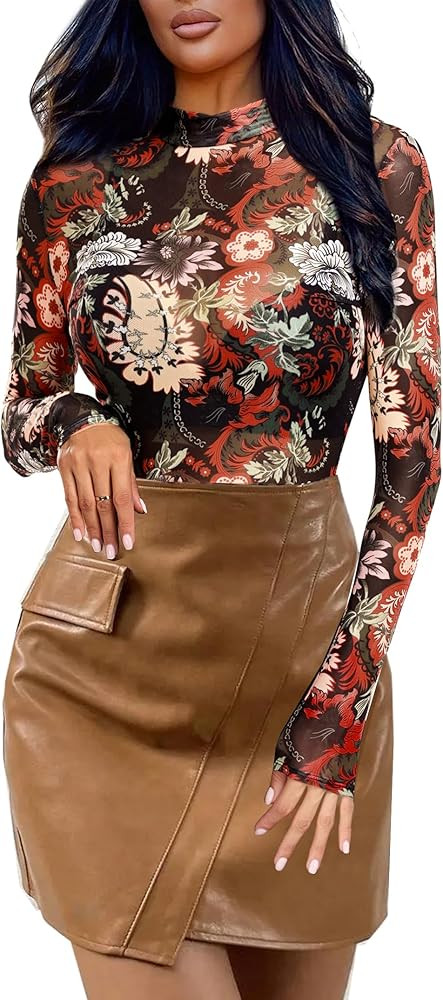Women Mesh Top Floral Mesh Long Sleeve Tops Mock Neck See Through Tops Fitted Sexy Going Out Tops | Amazon (US)