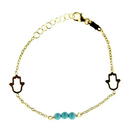 18K Solid Yellow Gold Open Hamsa Hand and Three Turquoise paste Bead Bracelet | Walmart (US)