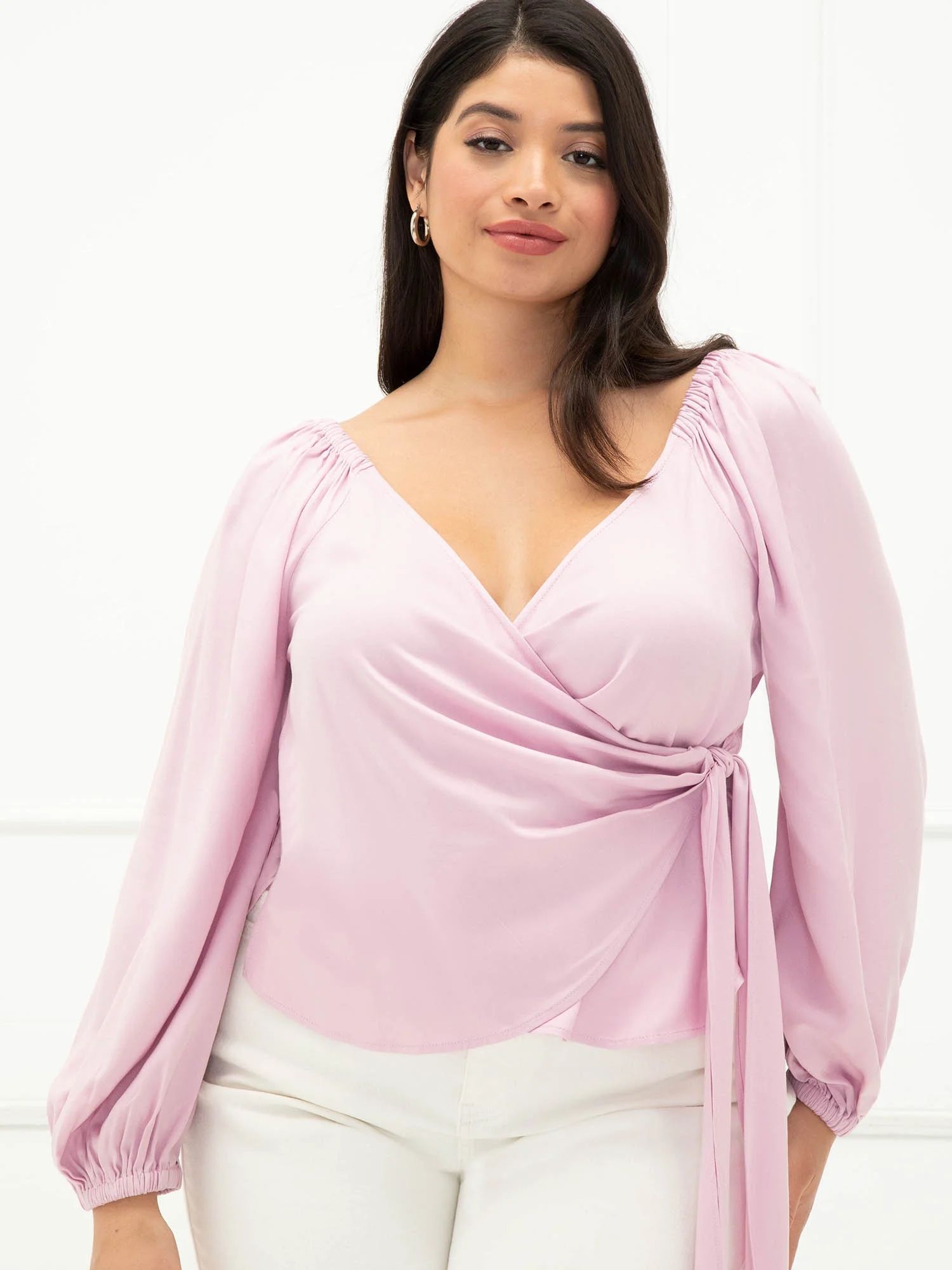 ELOQUII Elements Women's Plus Size Puff Sleeve Wrap Top - Walmart.com | Walmart (US)