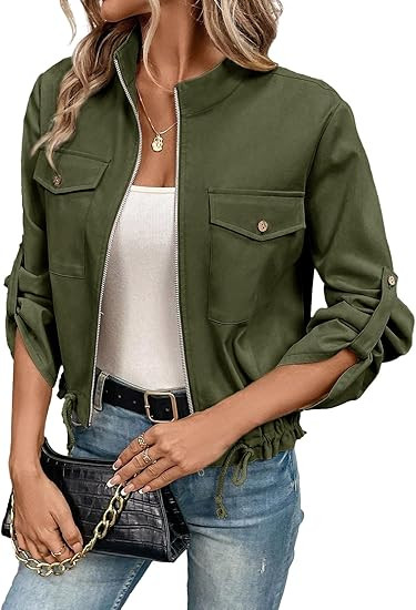 EVALESS Womens Zip Up Jacket Roll Tab Sleeve Flap Pocket Drawstring Hem Utility Lightweight Cropp... | Amazon (US)