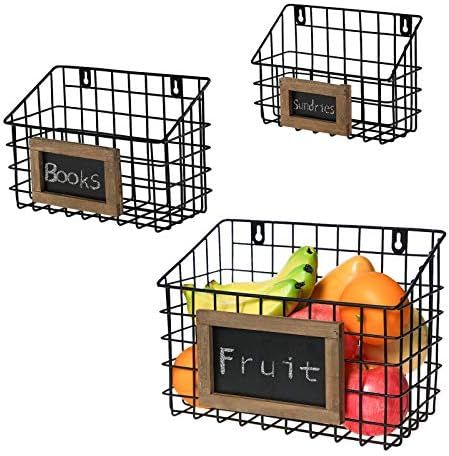 Matt Black Metal Wire Wall Hanging Storage Baskets with Chalkboard Labels, Set of 3, 3 different ... | Amazon (US)
