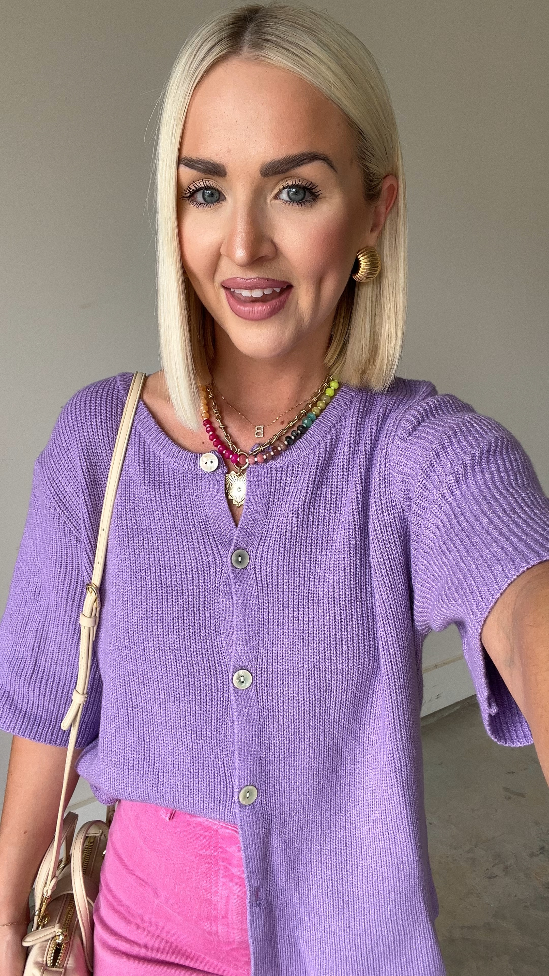 Lavender short sleeve cardigan / pink pants / pink wide leg pants / rhinestone mesh flats / colorful fall outfit 
Size: SM cardigan 

#LTKSeasonal #LTKStyleTip #LTKVideo