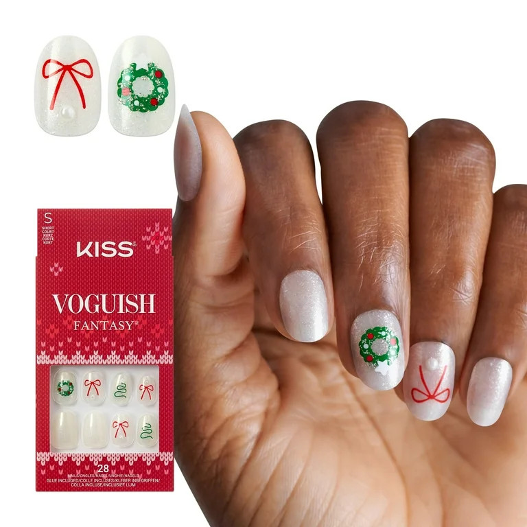 KISS Voguish Fantasy Holiday Press On Nails, ‘Sugar & Spice’, White, Short Oval, 28 Count | Walmart (US)