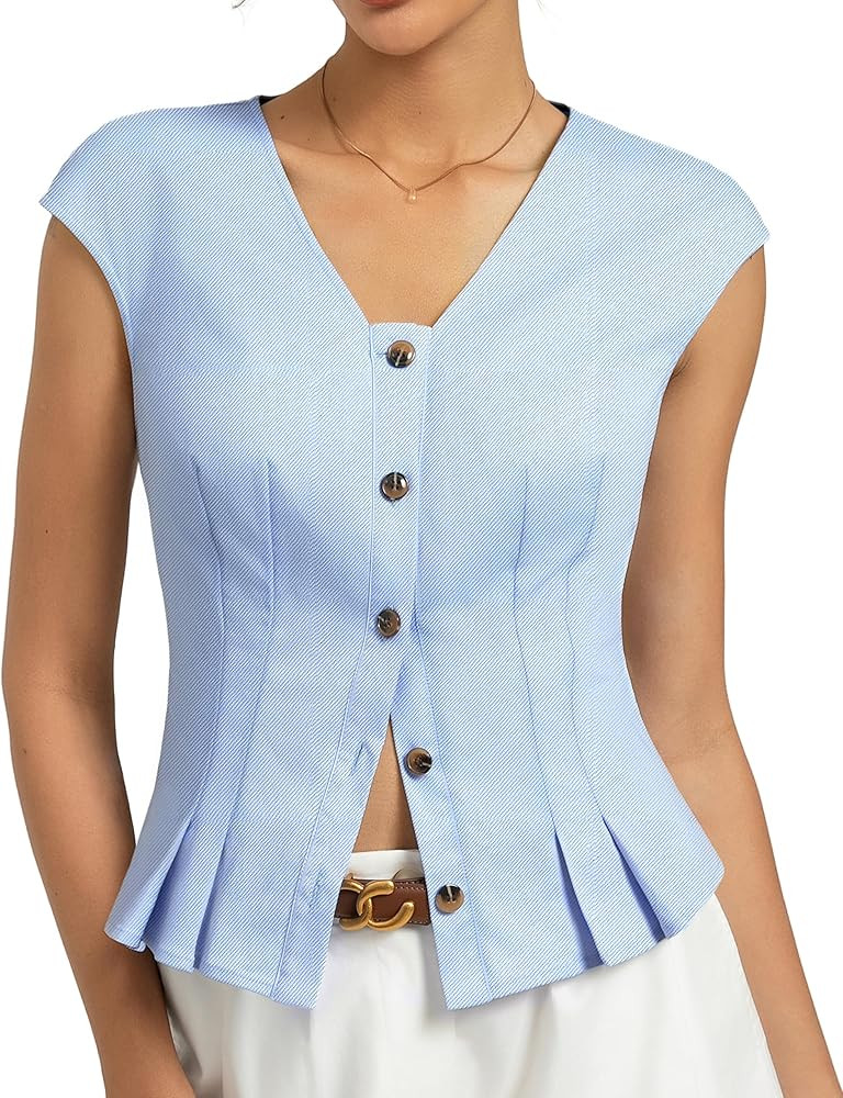 Kate Kasin Womens Button Down Crop Tops, Cap Sleeve Work Shirt, Slim Fit Cute Vest Trendy | Amazon (US)