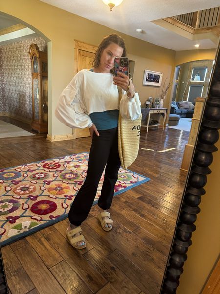 Cropped white free people long sleeve size small. Free people leggings with mid-rise wide waist band and cinched bottoms, size small. Lululemon tank top size 4. Prada sandals size 7.5. 

#LTKOver40 #LTKSeasonal #LTKActive