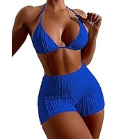 Amazon.com: COZYEASE Women's 2 Piece Swimsuits Halter Triangle Top with High Waisted Shorts Bathing Suits Bikini Sets Blue S : Clothing, | Amazon (US)
