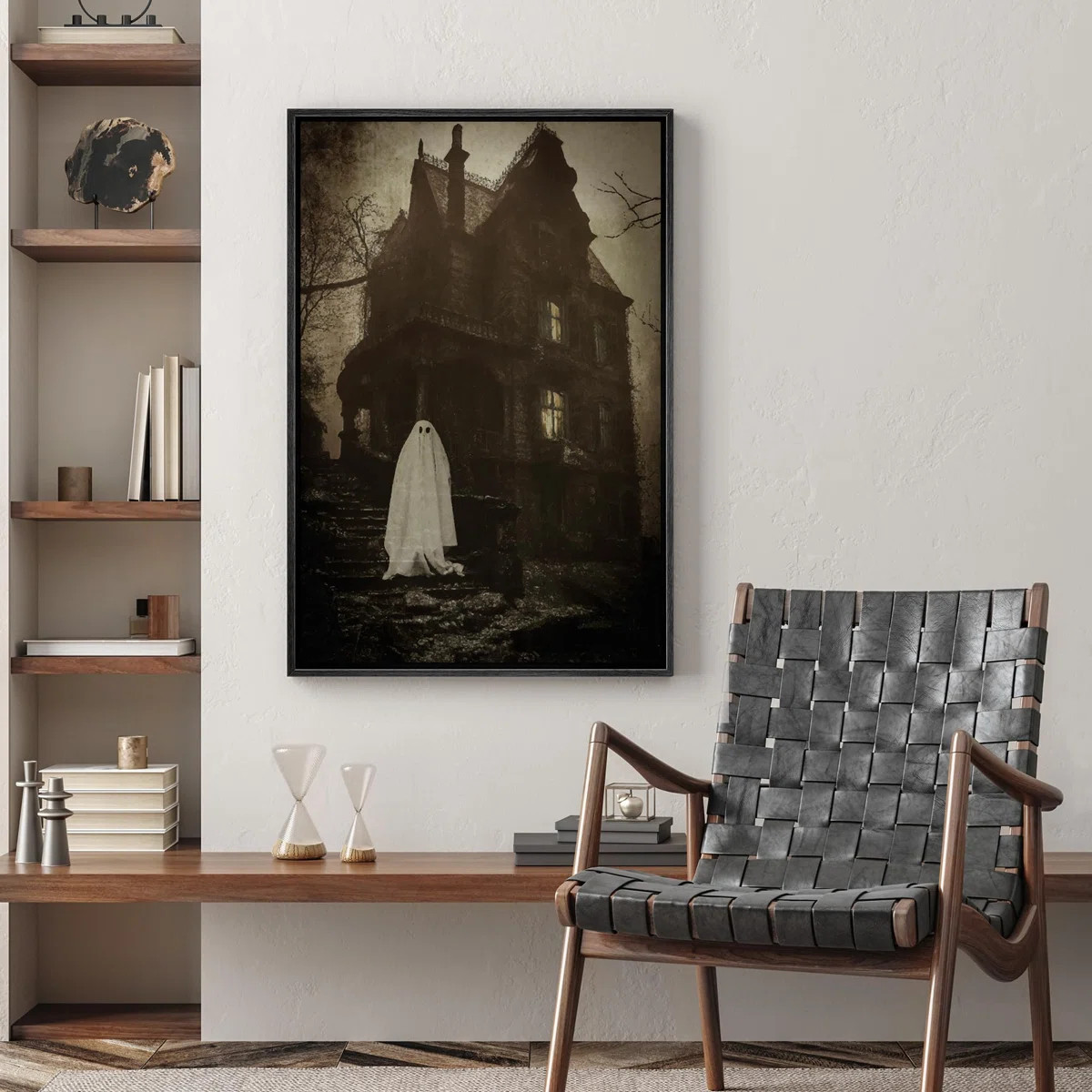 Moody Skull "Ghost In Front Of Haunted House  Illustrations Canvas Print Art Work Halloween Decor... | Wayfair North America