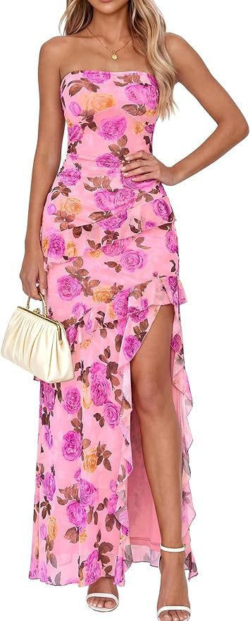 BTFBM Off The Shoulder Dresses for Women Summer 2026 Strapless Ruffle Slit Formal Wedding Guest D... | Amazon (US)