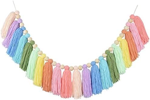 DrCor Pastel Rainbow Tassel Garland Colorful Pom Pom Garland Wood Bead Easter Spring Girls Bedroo... | Amazon (US)