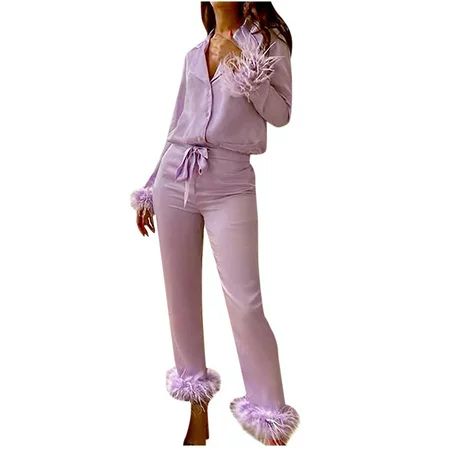 QUYUON Plaid Pajama Pants Women Casual Turn Down Neck Solid Feather Full Sleeve Button Pants Suit Ho | Walmart (US)
