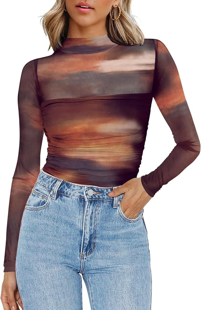 Zeagoo Womens Mesh Sheer Long Sleeve Top Mock Turtle Neck See Though Shirts Ruched Sexy Casual Go... | Amazon (US)