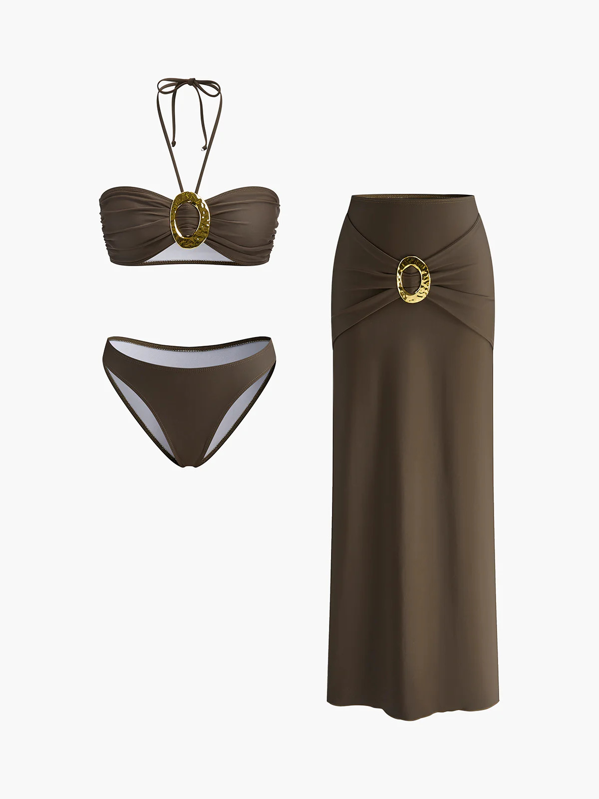 Oval Ring Detail Bandeau Bikini Set With Draped Skirt | Commense