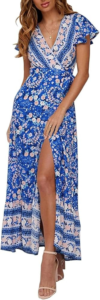 ZESICA Women's Bohemian Floral Printed Wrap V Neck Short Sleeve Split Beach Party Maxi Dress | Amazon (US)