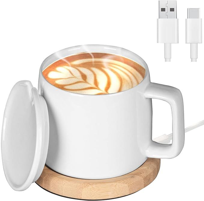 Bamboo Base Ceramic Heated Coffee Mug with Lid ,131℉ Coffee Mug Warmer Set,Powered by USB 5V/2A | Amazon (US)