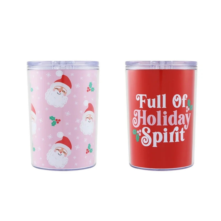 2 Double-Wall Tumblers with Transparent Lid, Plastic, Red, White, 14 oz, Holiday Time, 2 Pack | Walmart (US)
