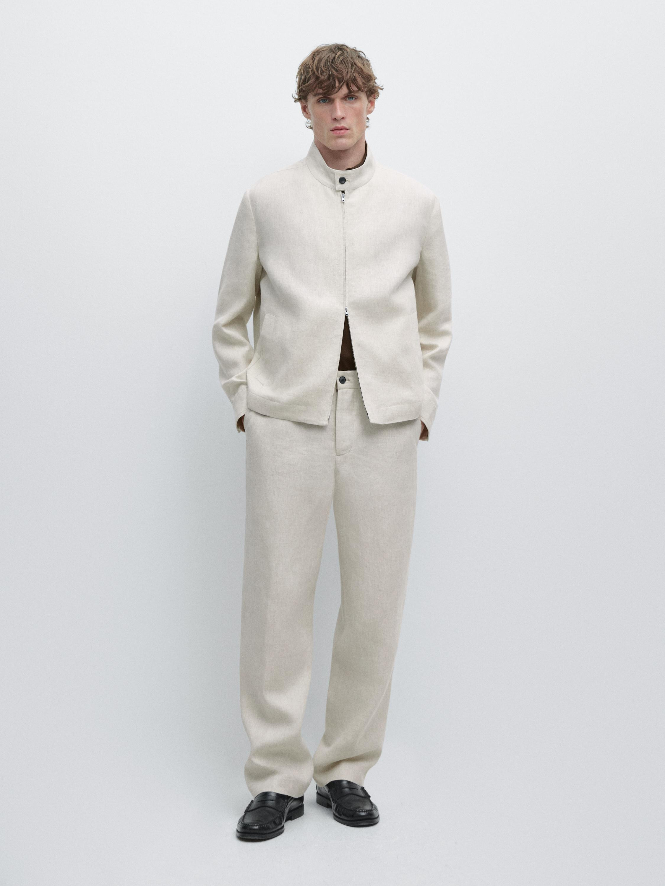 Short linen jacket with herringbone detail | Massimo Dutti UK