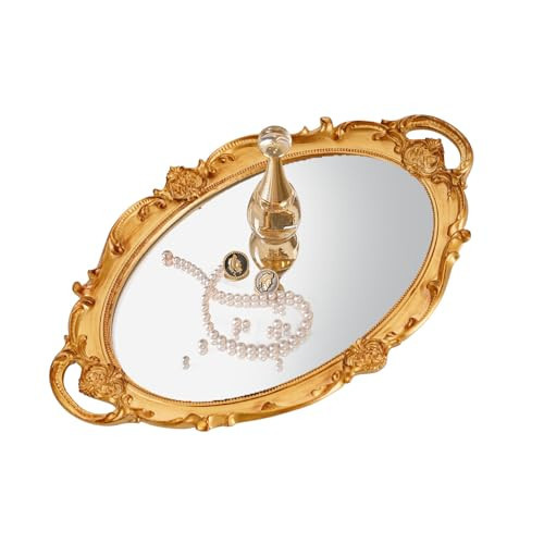 XPXKJ Gold Mirror Tray Vintage Vanity Tray for Dresser Perfume Storage Decorative Mirrored Glass Tray Coquette Room Decor, Bedroom, Bathroom Oval Antique Serving Makeup Organizer | Amazon (US)