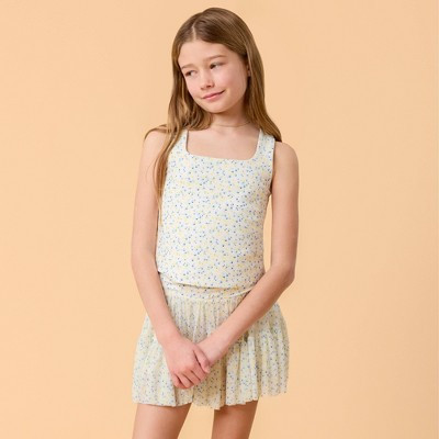 Blogilates Girls' Mommy & Me Ruffle Back Tank Top - White Floral Print XXL | Target