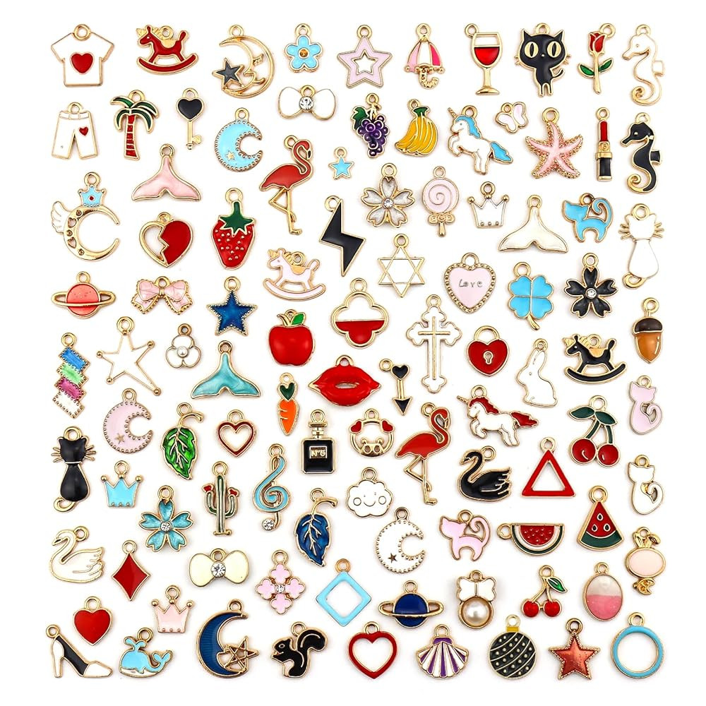 JIALEEY 100PCS Gold Plated Enamel Charms Mixed Moon Star Fruit Animal Charm Colorful Pendant DIY for Necklace Bracelet Jewelry Making and Crafting | Amazon (US)