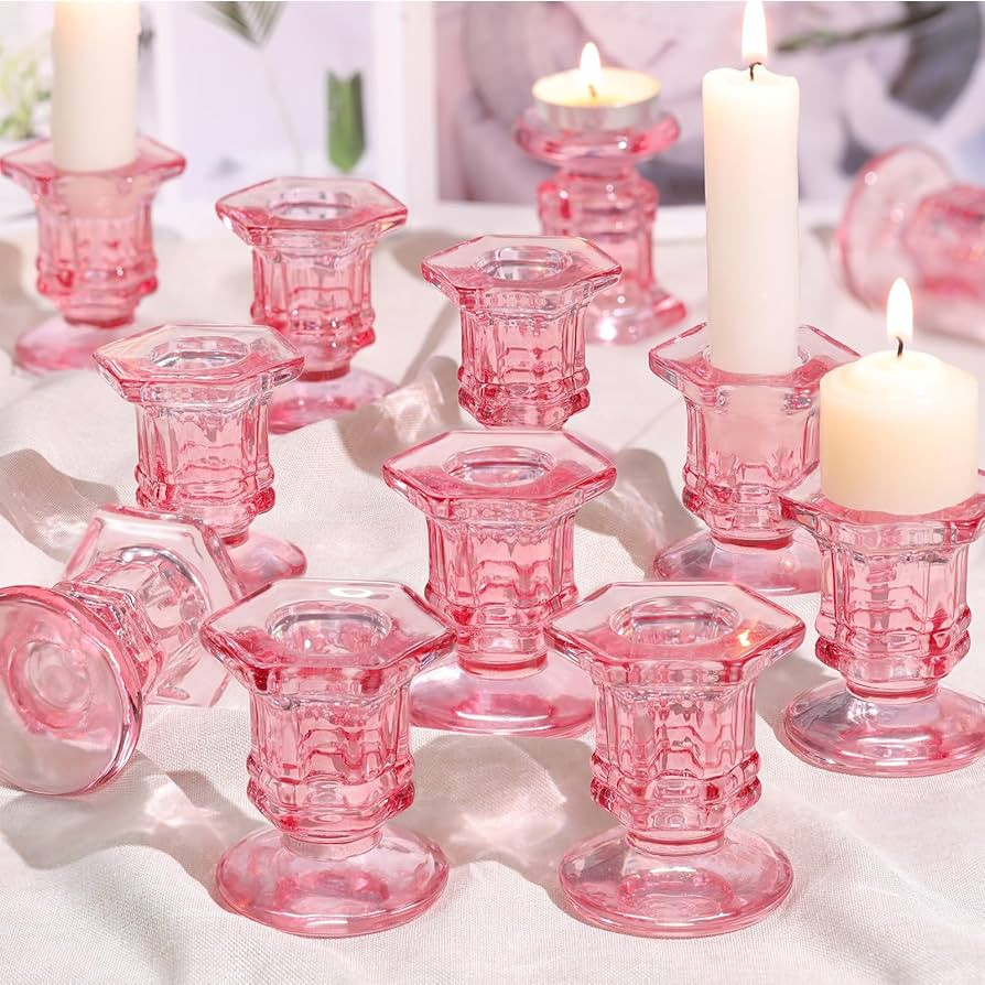 Pink Candlestick Holders Bulk, 12 Pcs Glass Candle Holders Set,Crystal Taper Candle Holder for We... | Amazon (US)