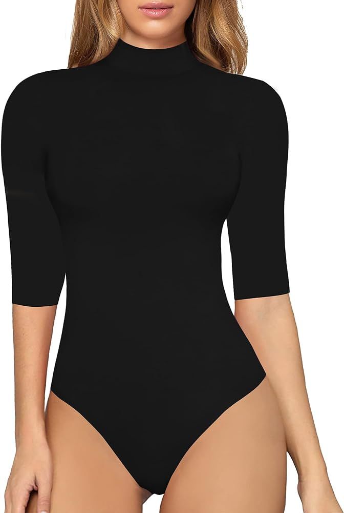 OWIN Women's Basic Mock Turtleneck Half Sleeve Bodysuit Tops Ribbed Slimming Bodysuits Leotard | Amazon (US)