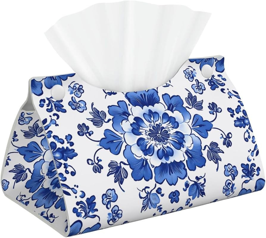 Blue and White Orcelain Floral Long Pu Leather Tissue Box Cover,Facial Tissue Box Holder for Bedr... | Amazon (US)