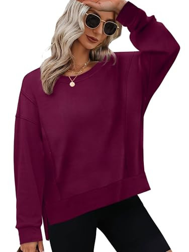 OFEEFAN Lightweight Sweatshirts for Women Long Sleeve Shirts Side Slit Sweatshirt Maroon S | Amazon (US)