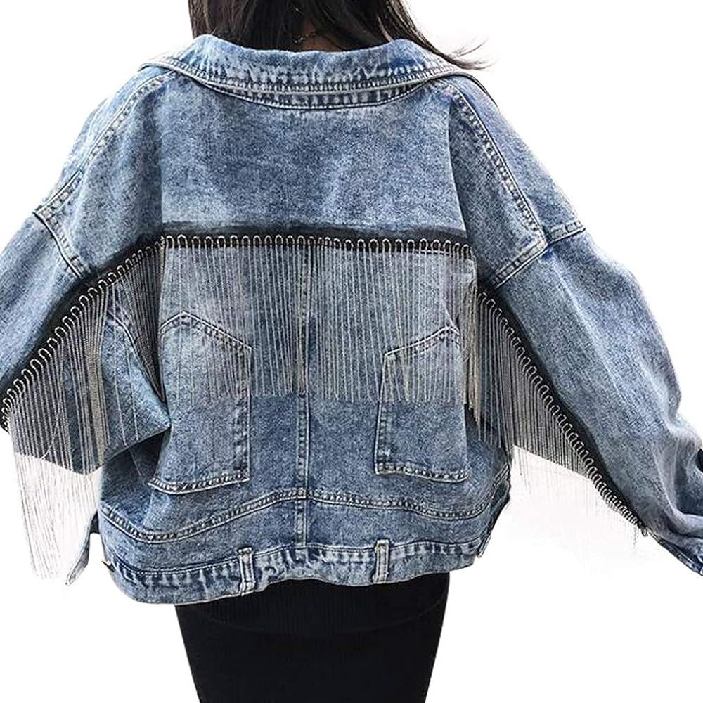 Tassel Denim jacket for Women Oversized Crop Jeans Jacket | Amazon (US)