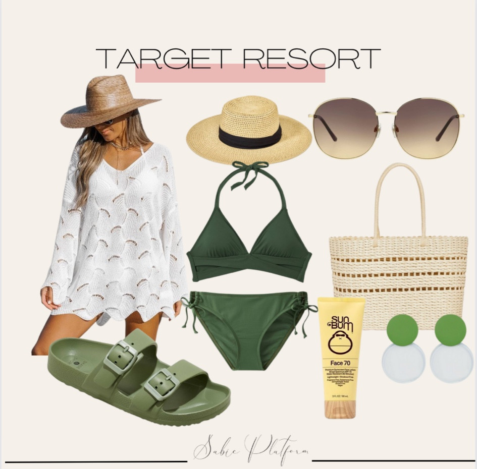 Target swim, resort style, bikini, olive green swim, sandals, sunscreen, woven tote, beach tote, sunglasses, beat sunglasses, sabic platform, beach style, beach cover up, beach hat, drop earrings, two band sandals, straw tote, face lotion, 

#LTKswim #LTKtravel #LTKFind