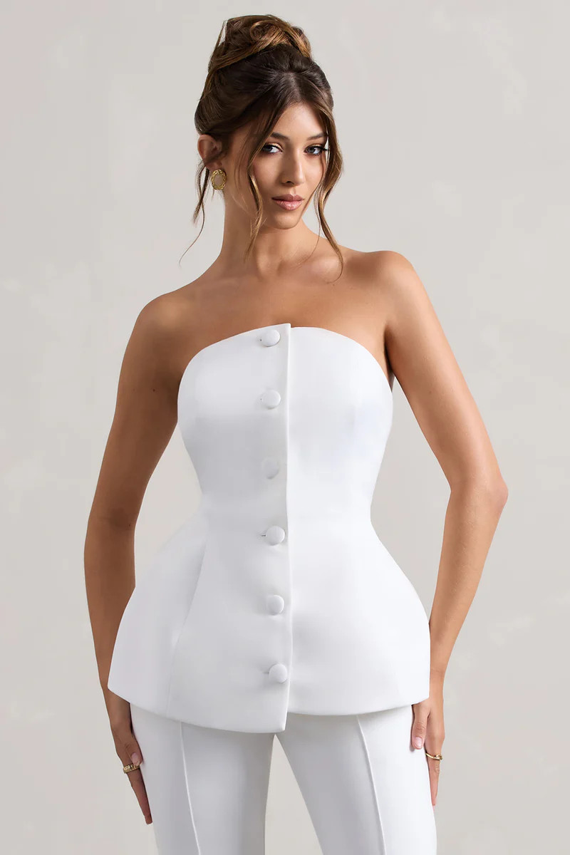 Century | Cream Satin Strapless Button Front Corset Top | Club L London