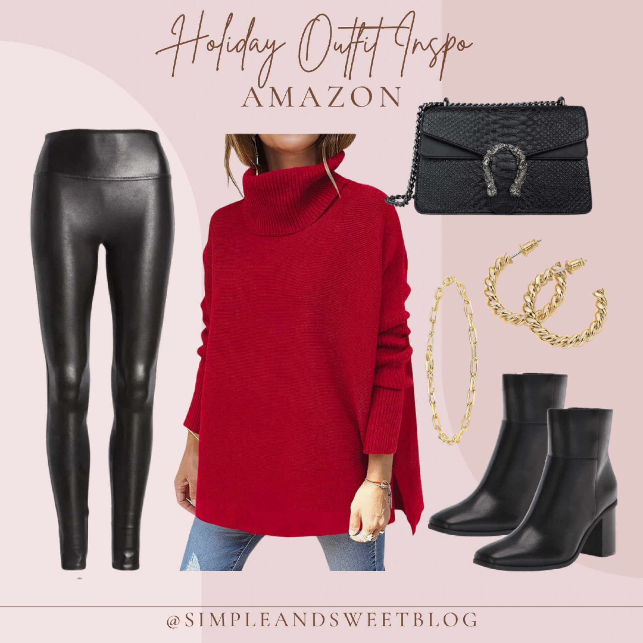 Holiday outfit inspo! My favorite sweater in the color red with some faux leather leggings, black boots, and some great jewelry  

#LTKfindsunder50 #LTKSeasonal #LTKHoliday
